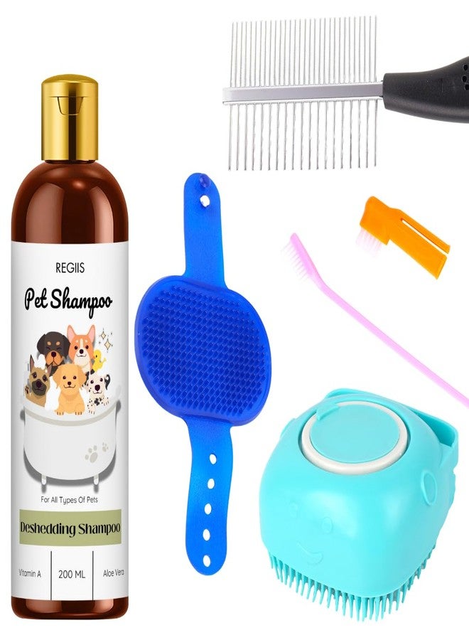 REGIIS Pet Shampoo Set with Deshedding Brush, 200ml Dog and Cat Grooming Kit, Vitamin A and Aloe Vera Formula(5 Pack) - Image 1